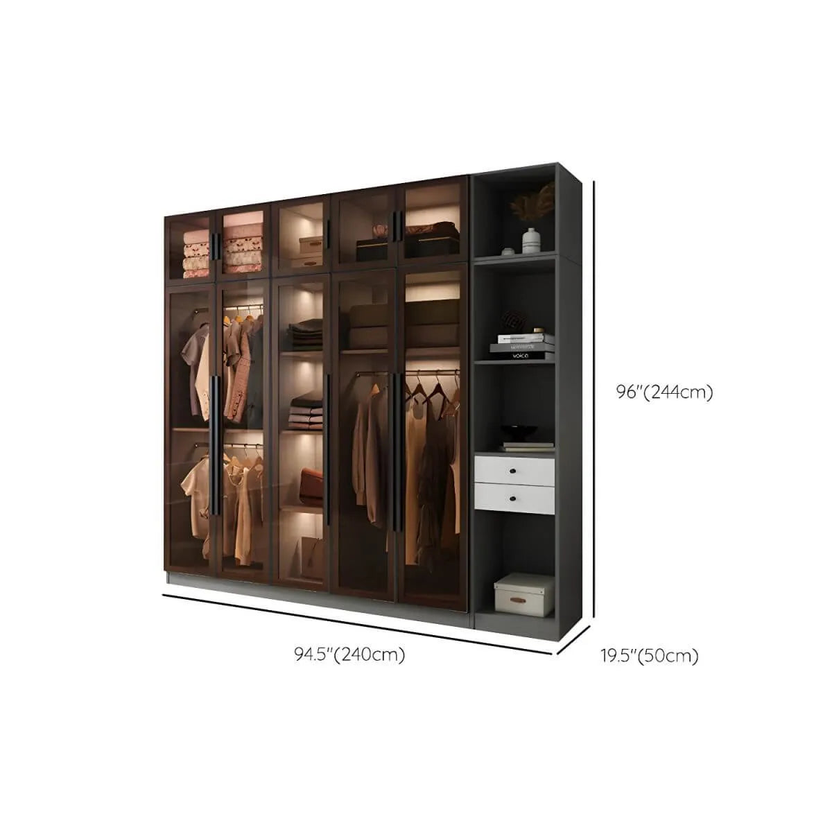 Glass Front Gray Wardrobe Armoire Series With Soft-Close Storage Dimensions