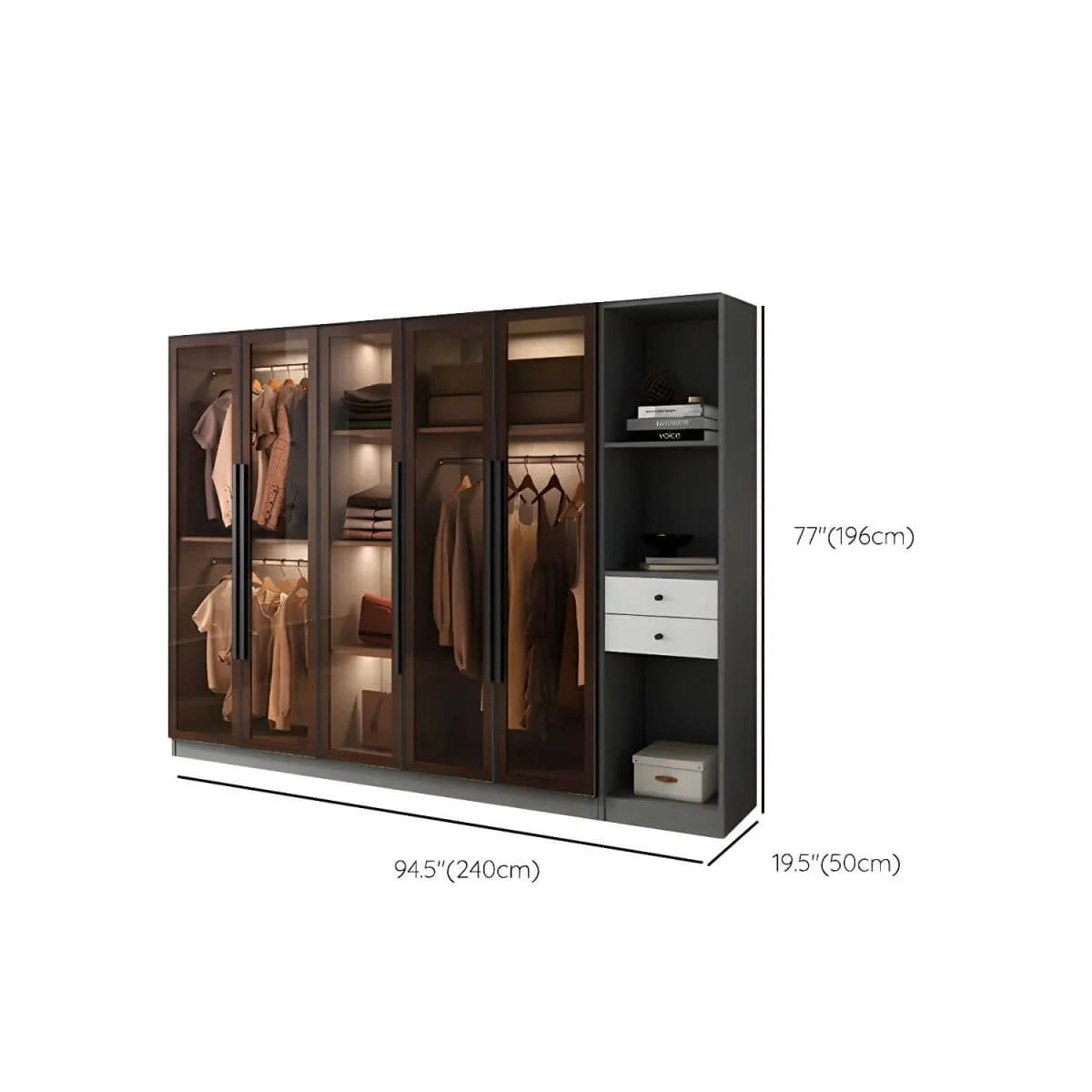 Glass Front Gray Wardrobe Armoire Series With Soft-Close Storage Dimensions