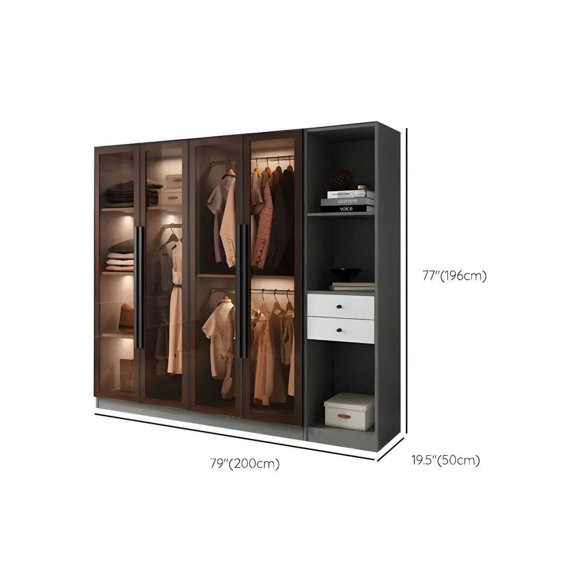 Glass Front Gray Wardrobe Armoire Series With Soft-Close Storage Dimensions
