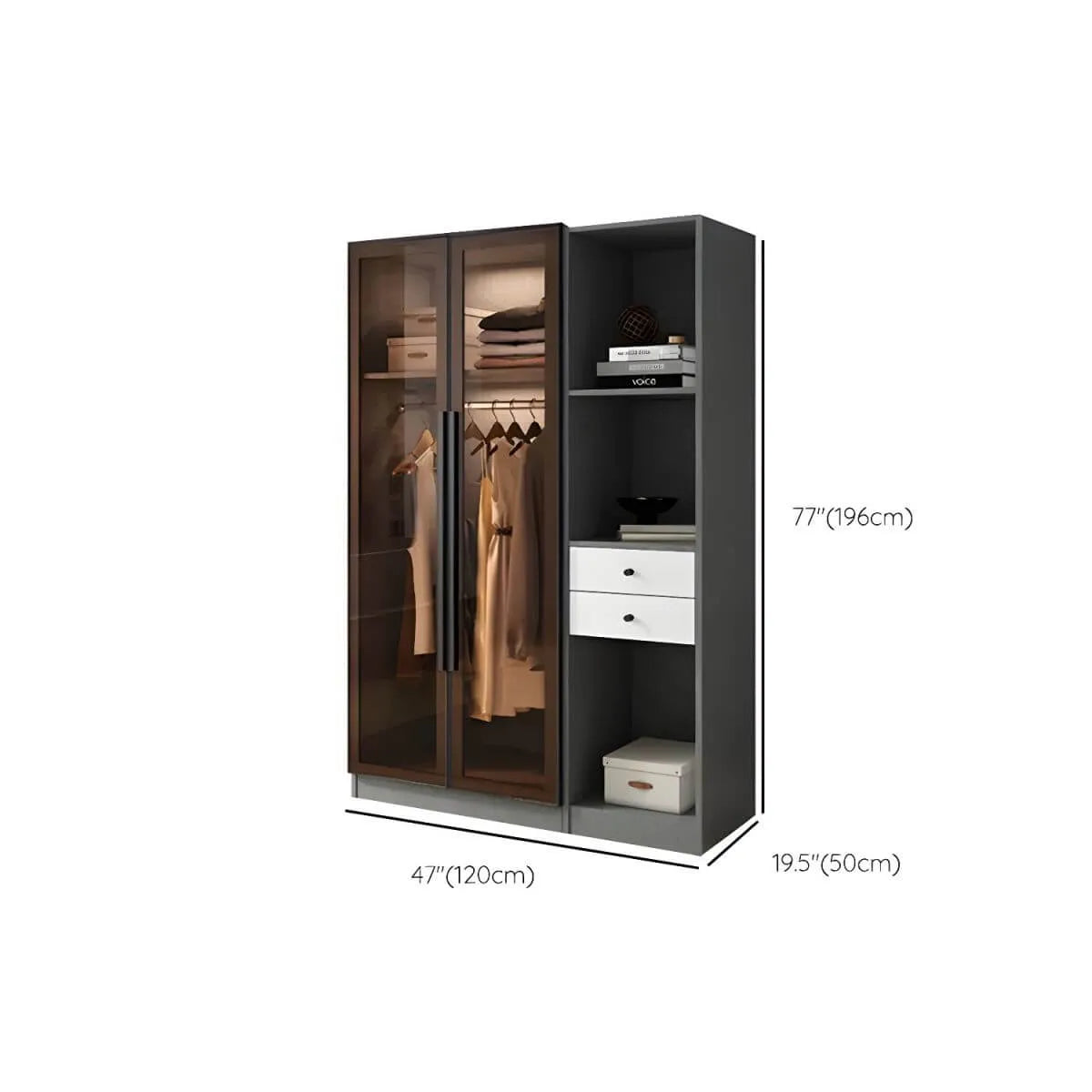 Glass Front Gray Wardrobe Armoire Series With Soft-Close Storage Dimensions