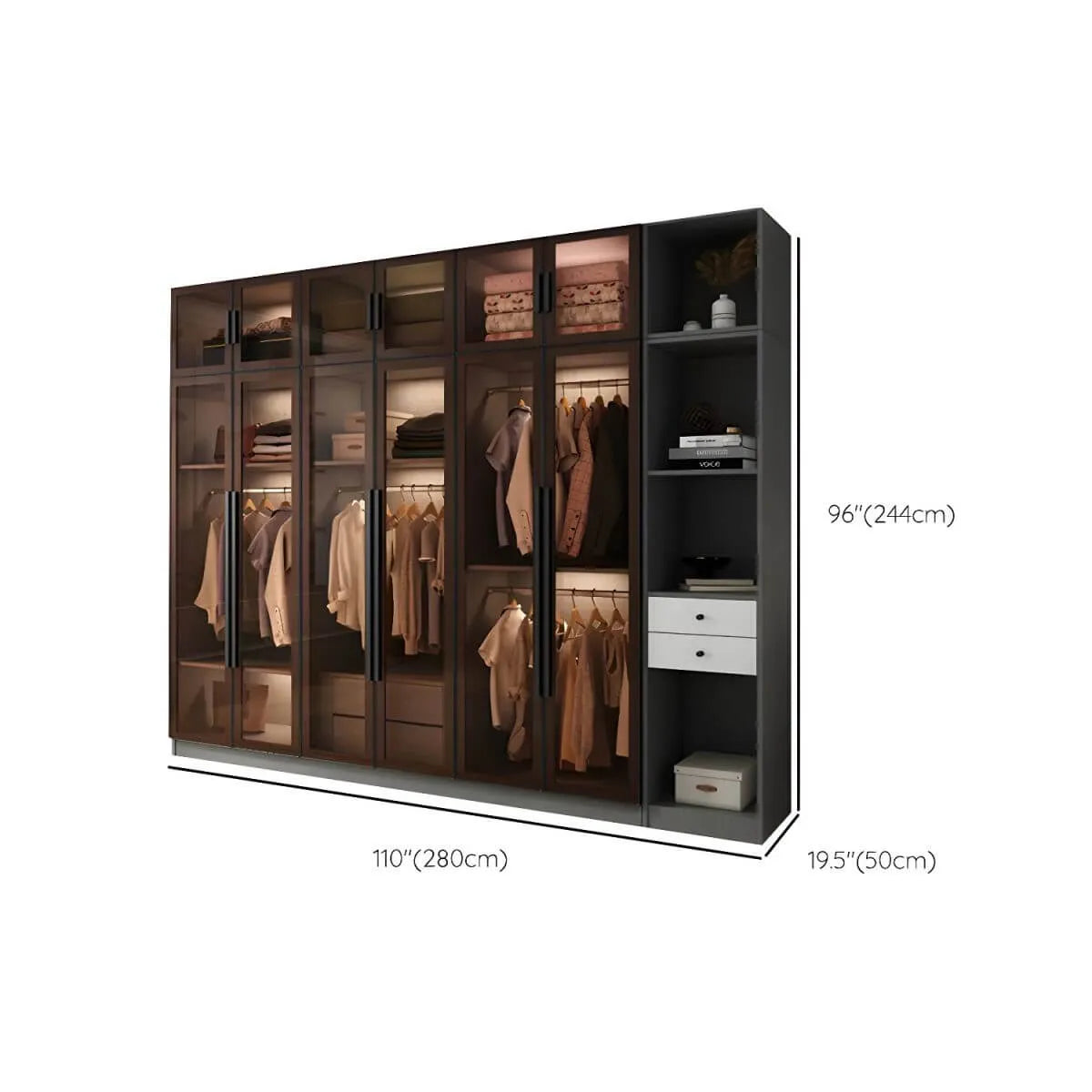 Glass Front Gray Wardrobe Armoire Series With Soft-Close Storage Dimensions