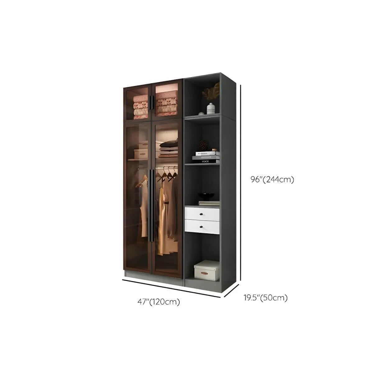 Glass Front Gray Wardrobe Armoire Series With Soft-Close Storage Dimensions