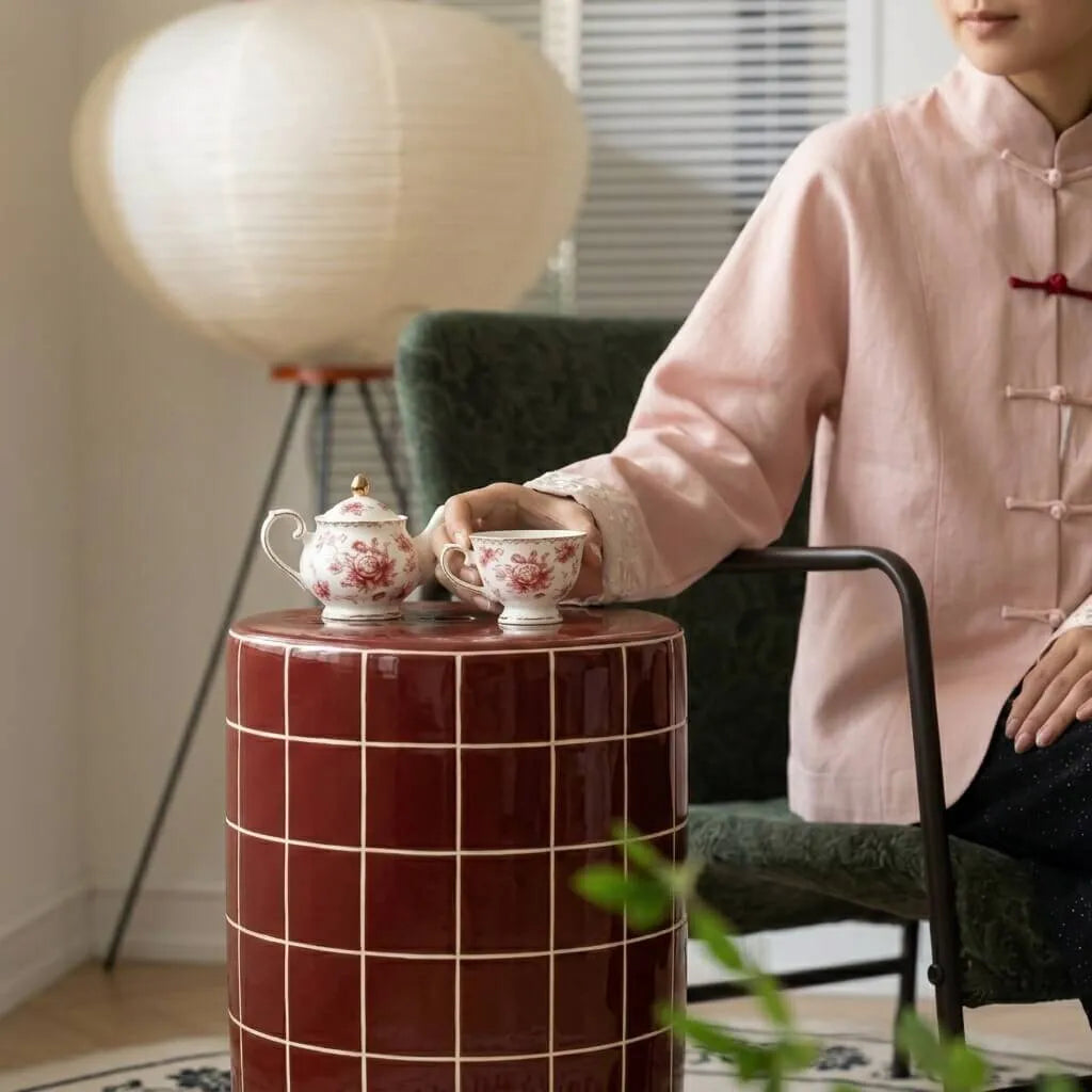 Glazed Ceramic Drum Side Table Series With Geometric and Openwork Forms
