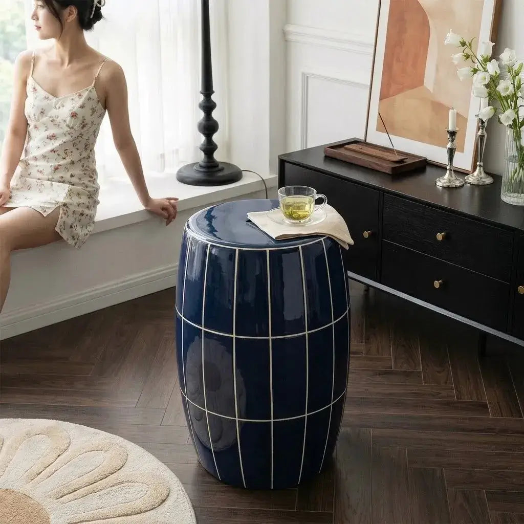 Glazed Ceramic Drum Side Table Series With Geometric and Openwork Forms