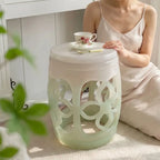 Glazed Ceramic Drum Side Table Series With Geometric and Openwork Forms