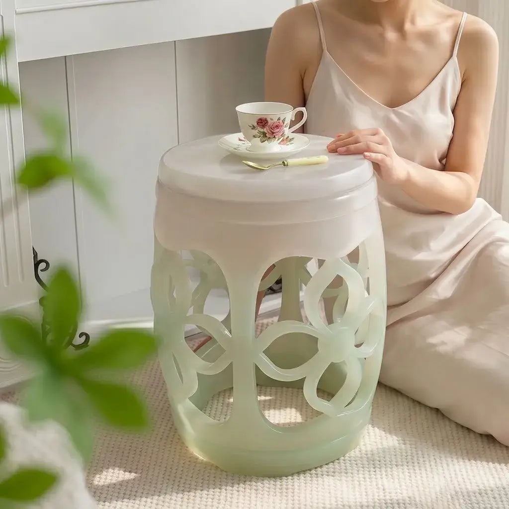 Glazed Ceramic Drum Side Table Series With Geometric and Openwork Forms