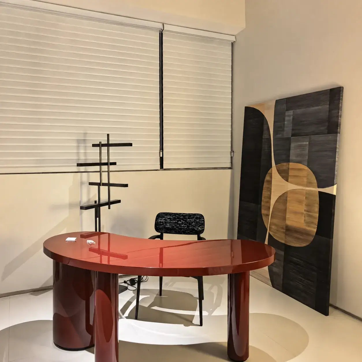 Glossy Burgundy Crescent Office Desk in Solid Ash Wood, Sculptural Asymmetrical Base