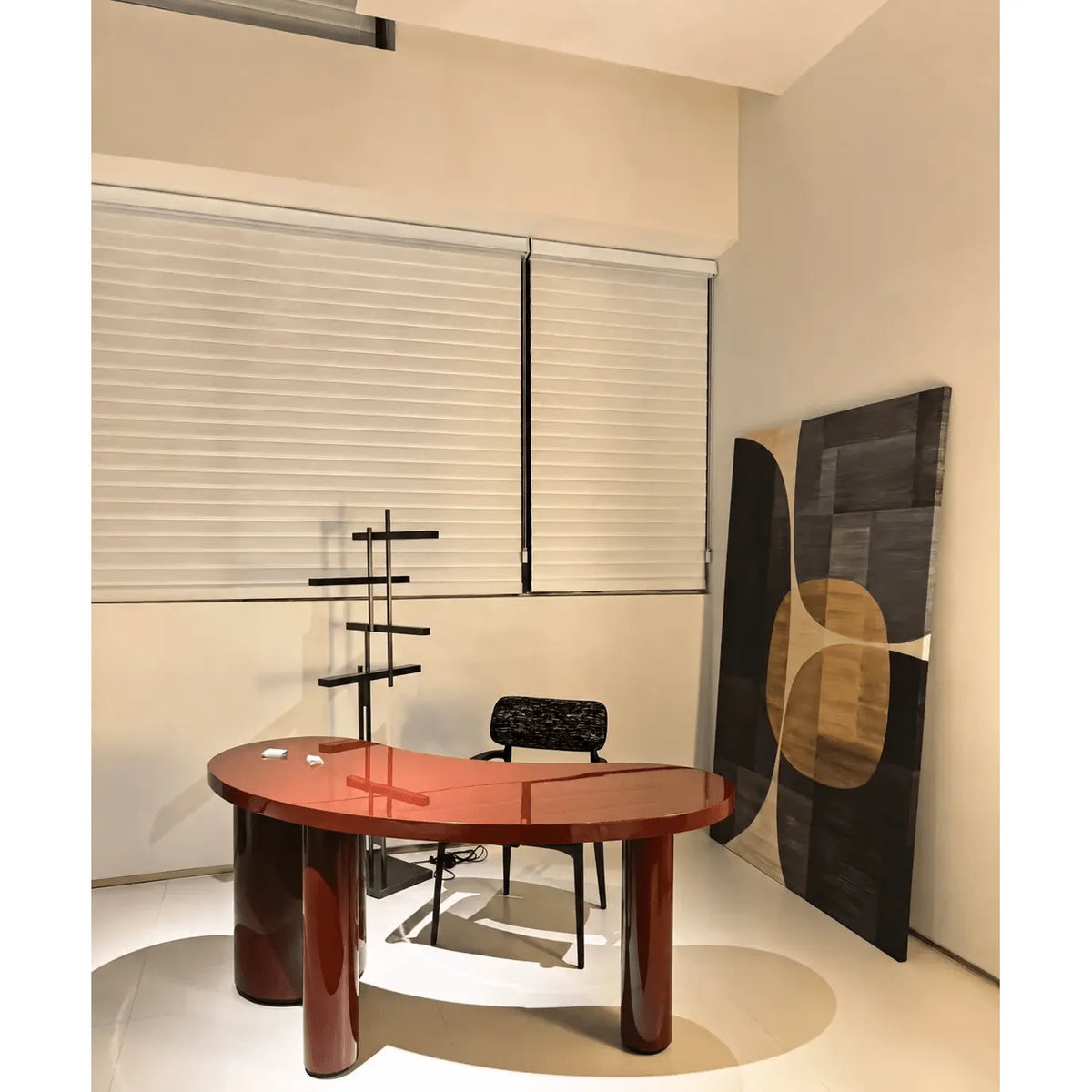 Glossy Burgundy Crescent Office Desk in Solid Ash Wood, Sculptural Asymmetrical Base