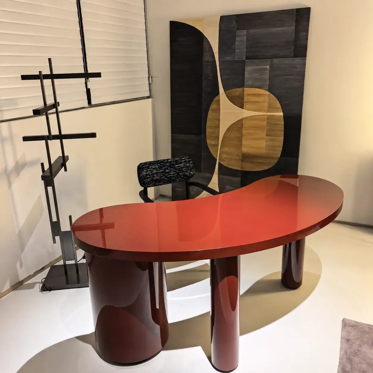 Glossy Burgundy Crescent Office Desk in Solid Ash Wood, Sculptural Asymmetrical Base
