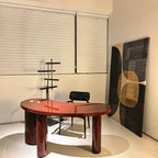 Glossy Burgundy Crescent Office Desk in Solid Ash Wood, Sculptural Asymmetrical Base
