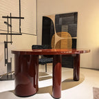 Glossy Burgundy Crescent Office Desk in Solid Ash Wood, Sculptural Asymmetrical Base