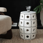 Glossy Geometric Drum Side Table with Pierced Detail, Sculptural Accent
