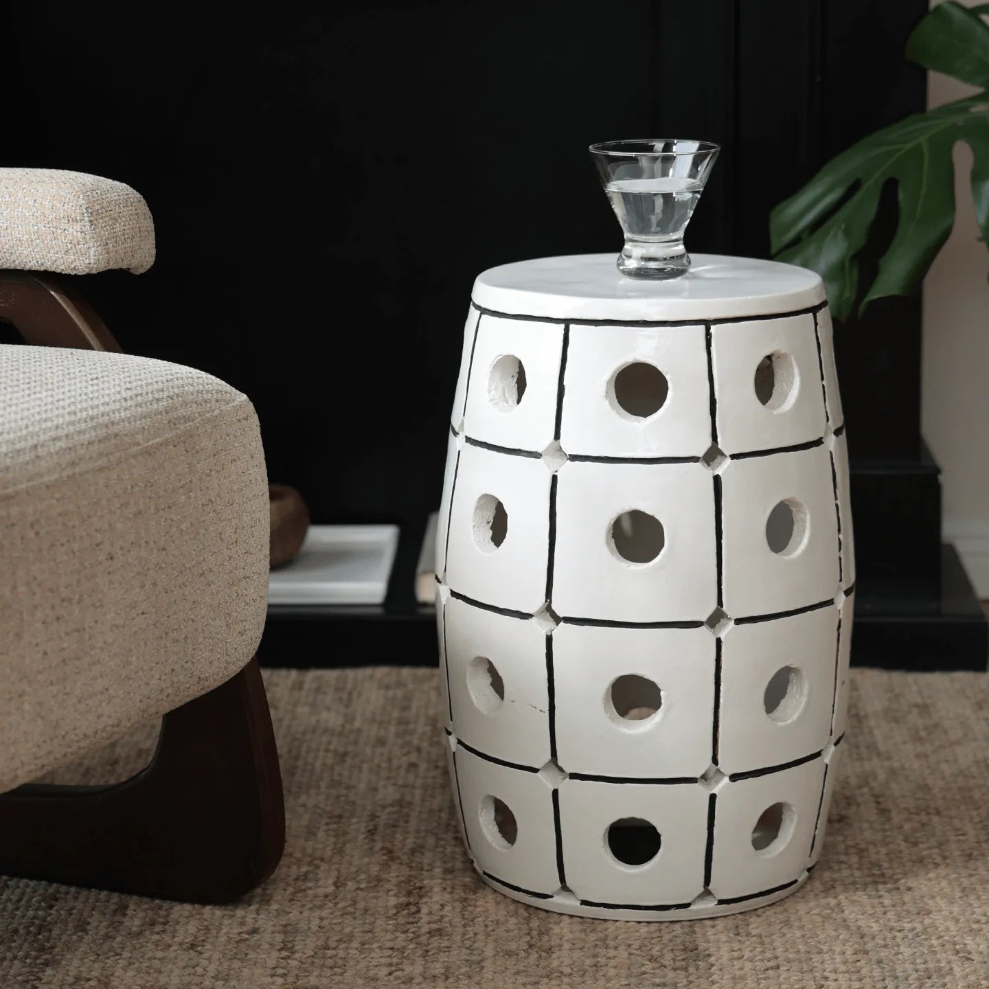 Glossy Geometric Drum Side Table with Pierced Detail, Sculptural Accent