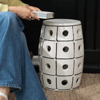 Glossy Geometric Drum Side Table with Pierced Detail, Sculptural Accent