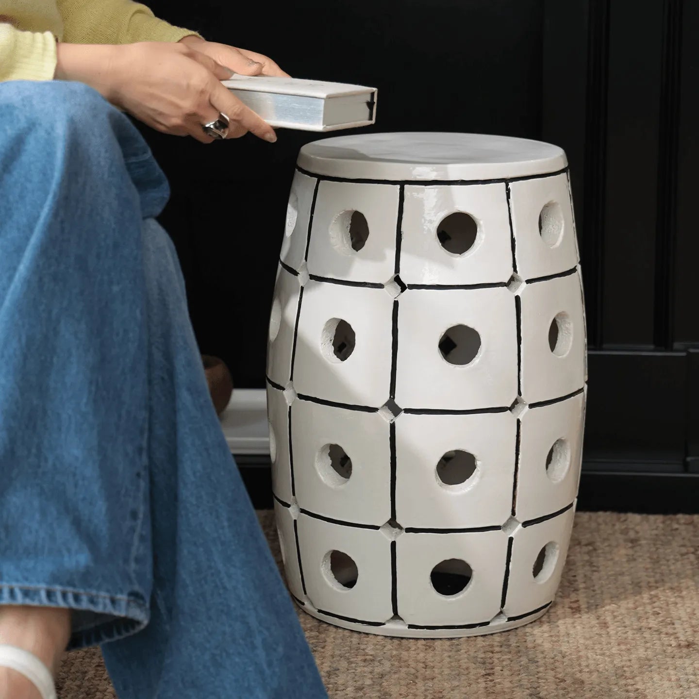 Glossy Geometric Drum Side Table with Pierced Detail, Sculptural Accent