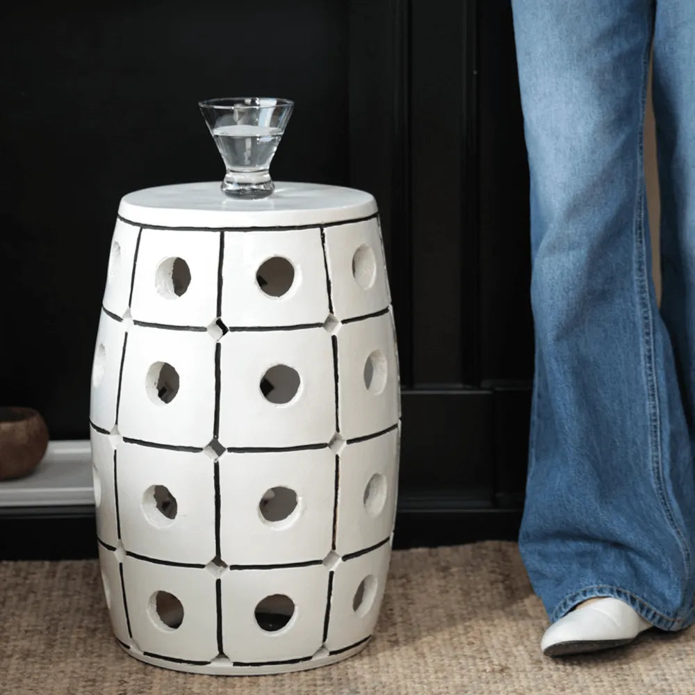 Glossy Geometric Drum Side Table with Pierced Detail, Sculptural Accent