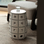 Glossy Geometric Drum Side Table with Pierced Detail, Sculptural Accent
