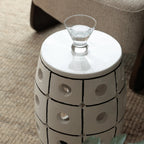 Glossy Geometric Drum Side Table with Pierced Detail, Sculptural Accent