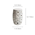 Glossy Geometric Drum Side Table with Pierced Detail, Sculptural Accent Dimensions