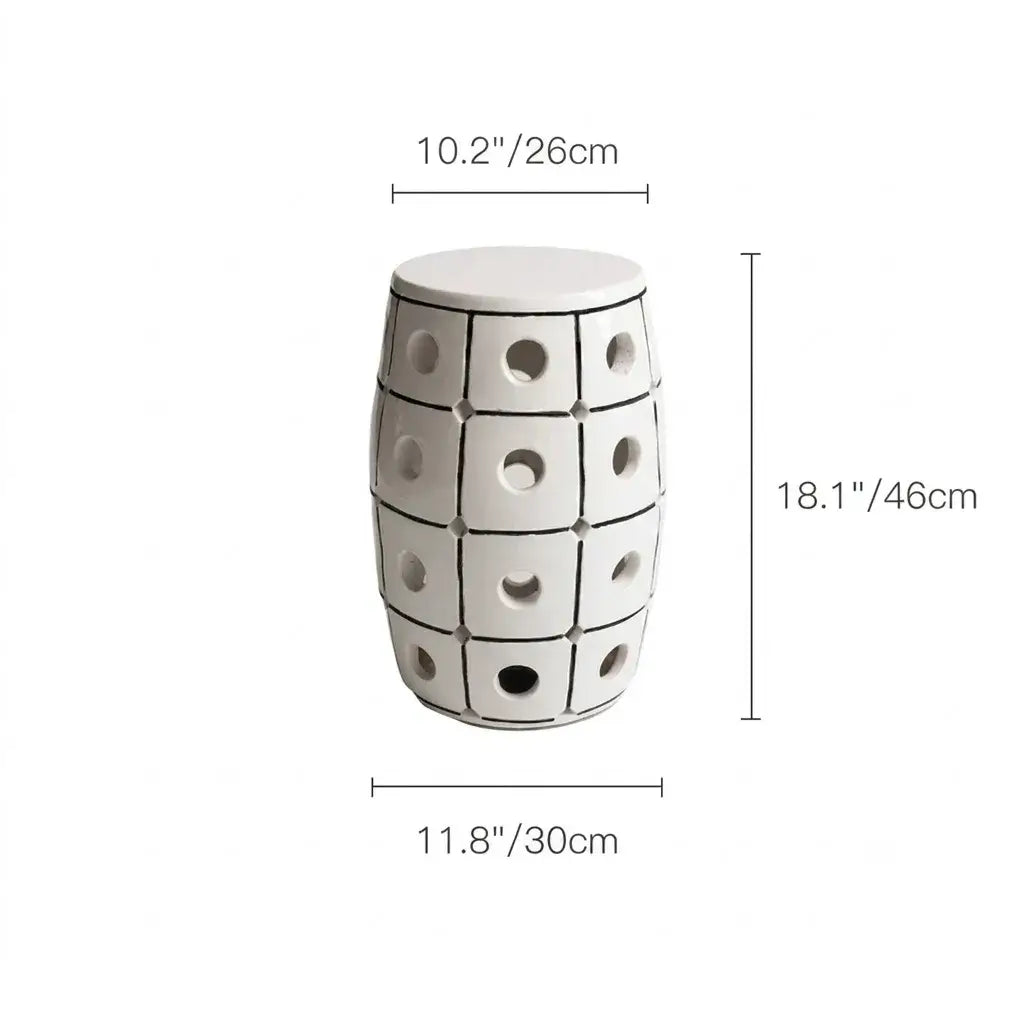Glossy Geometric Drum Side Table with Pierced Detail, Sculptural Accent Dimensions