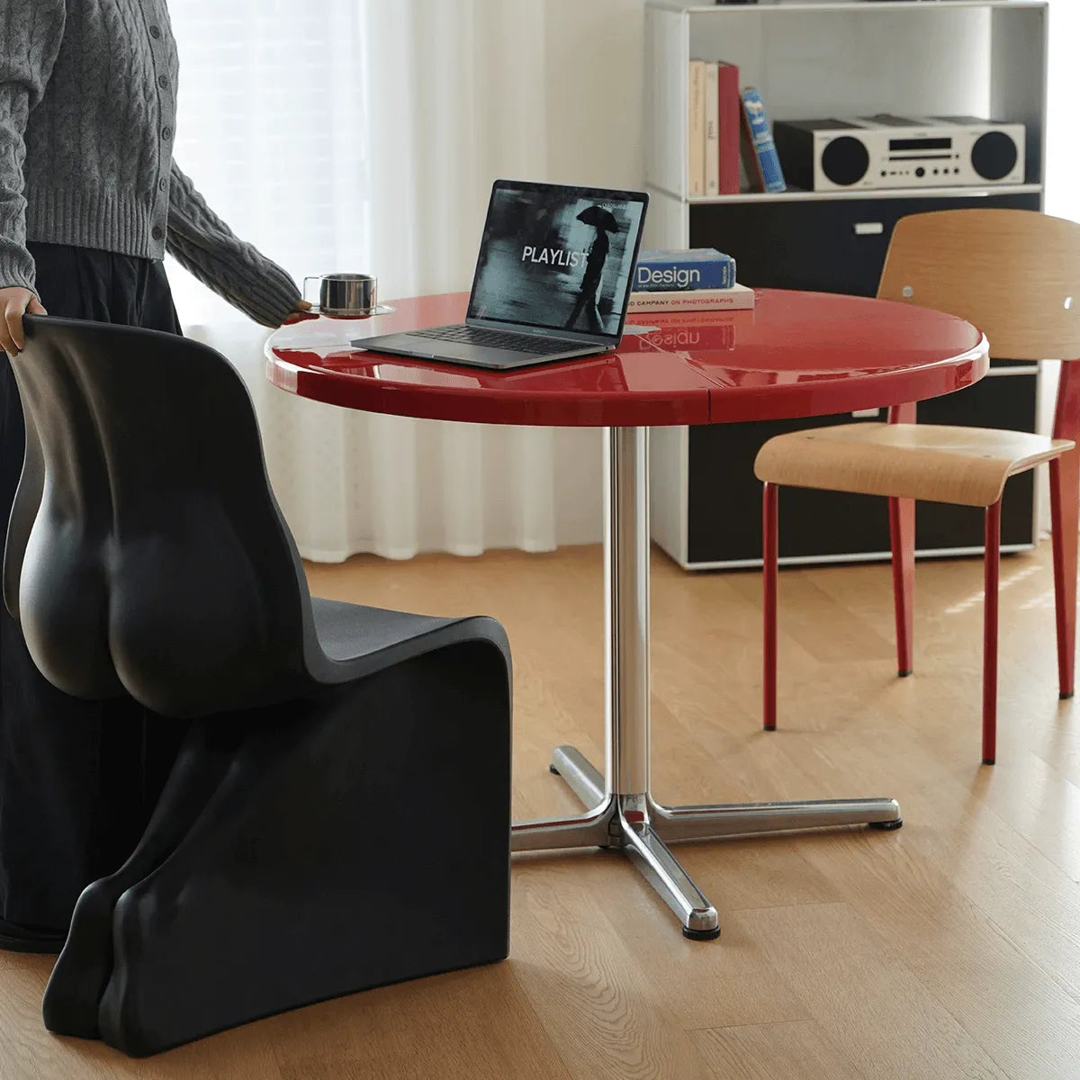Glossy Red/Black/White/Blue Extendable Table With Hidden Casters and Sculptural Form