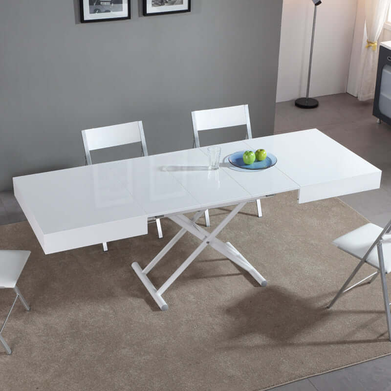Glossy White Convertible Dining Table With Adjustable Height