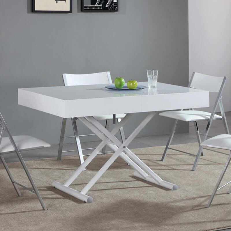 Glossy White Convertible Dining Table With Adjustable Height