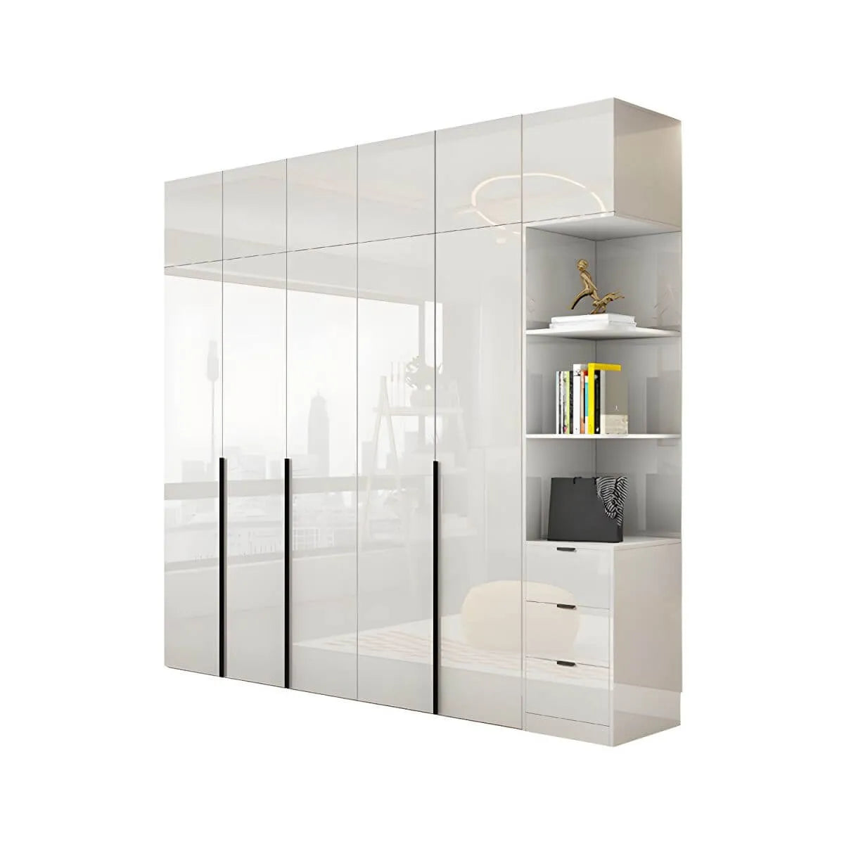 Glossy White Wall-Mounted Wardrobe System With Display Shelves