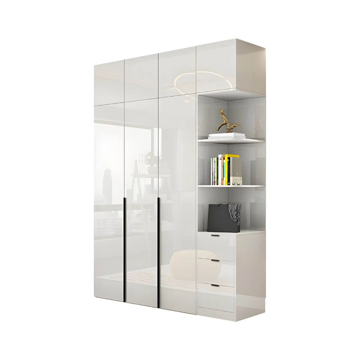 Glossy White Wall-Mounted Wardrobe System With Display Shelves