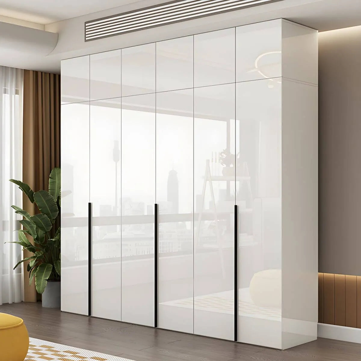 Glossy White Wall-Mounted Wardrobe System With Display Shelves