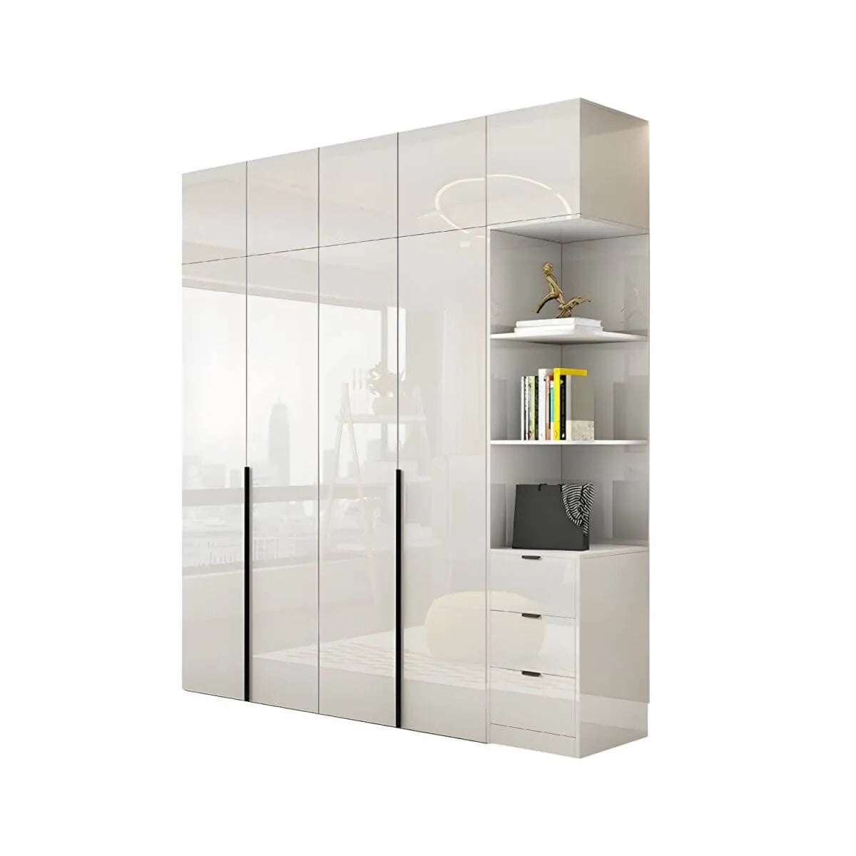 Glossy White Wall-Mounted Wardrobe System With Display Shelves