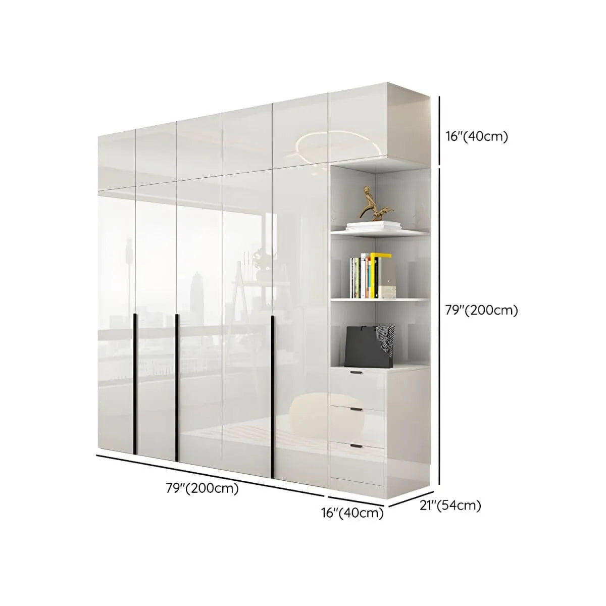 Glossy White Wall-Mounted Wardrobe System With Display Shelves Dimensions