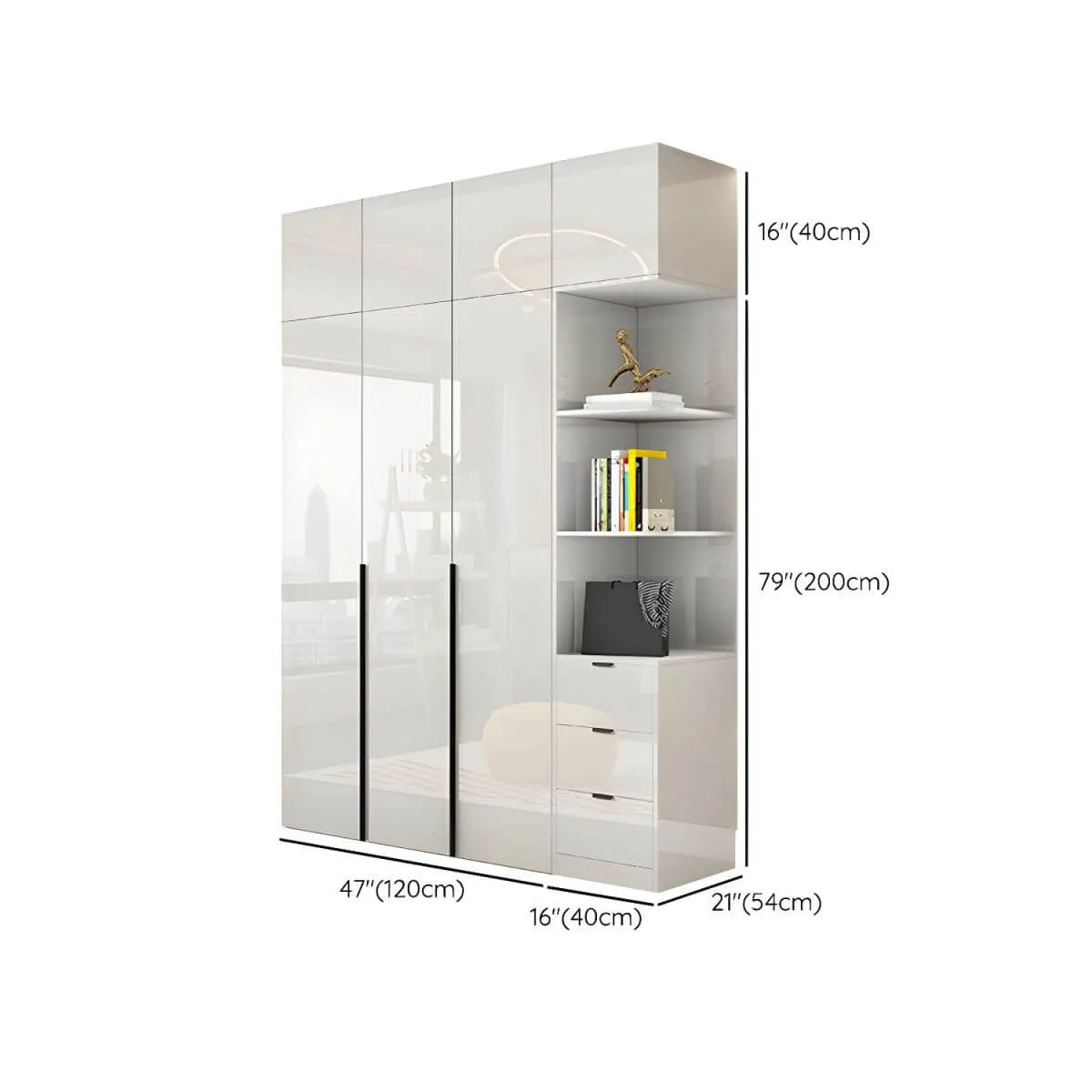 Glossy White Wall-Mounted Wardrobe System With Display Shelves Dimensions