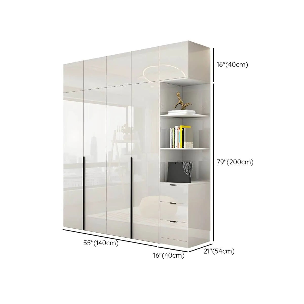 Glossy White Wall-Mounted Wardrobe System With Display Shelves Dimensions