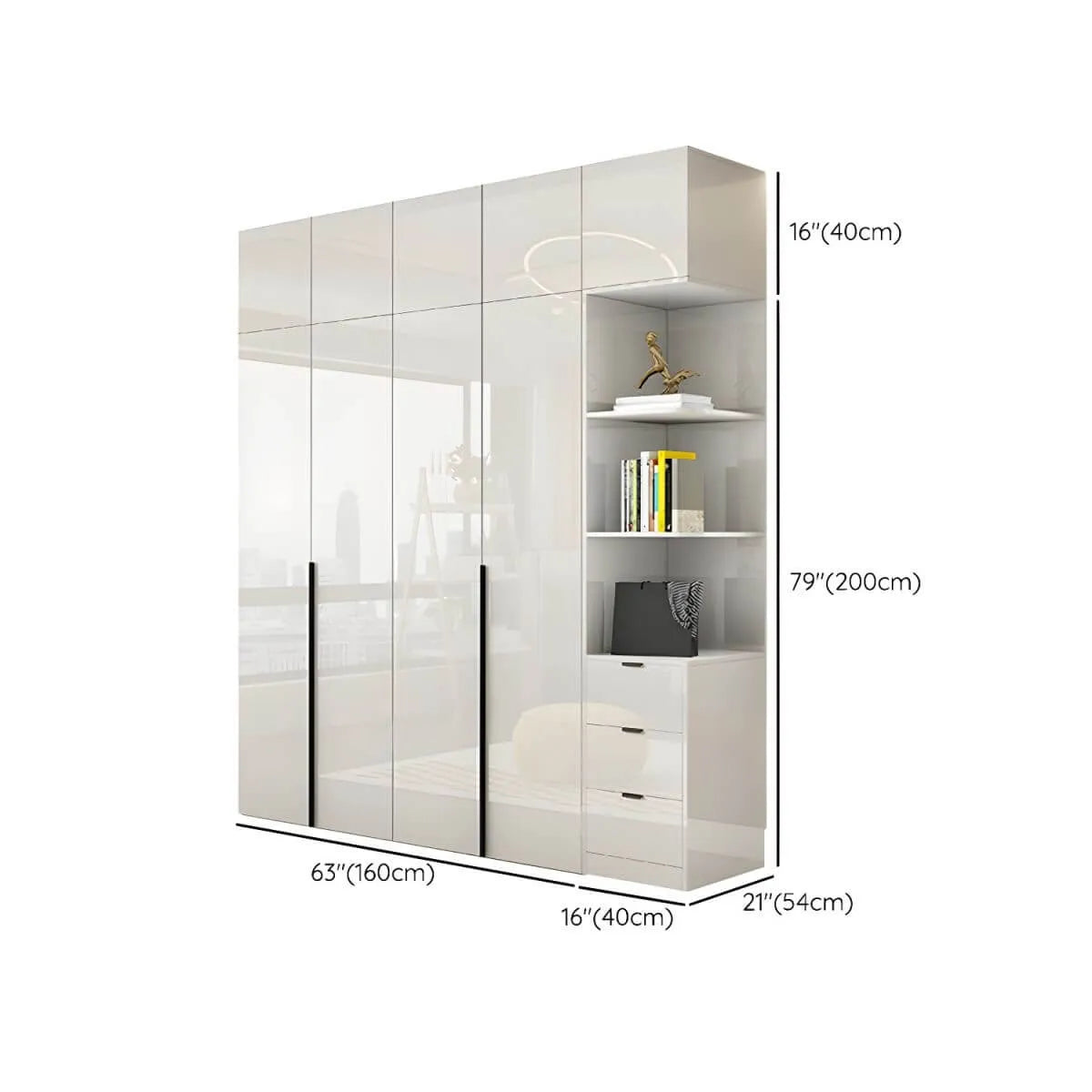Glossy White Wall-Mounted Wardrobe System With Display Shelves Dimensions