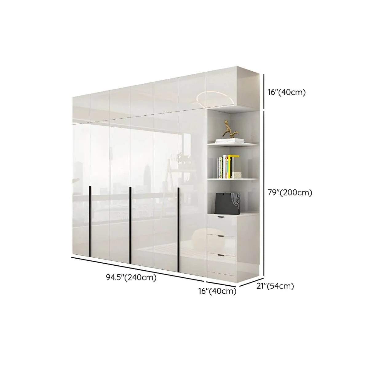 Glossy White Wall-Mounted Wardrobe System With Display Shelves Dimensions