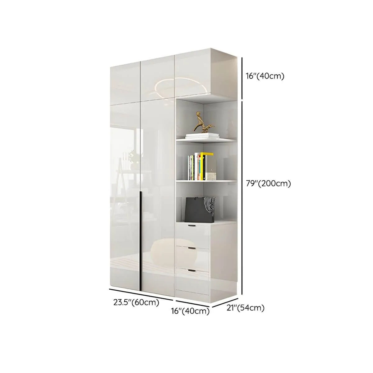 Glossy White Wall-Mounted Wardrobe System With Display Shelves Dimensions