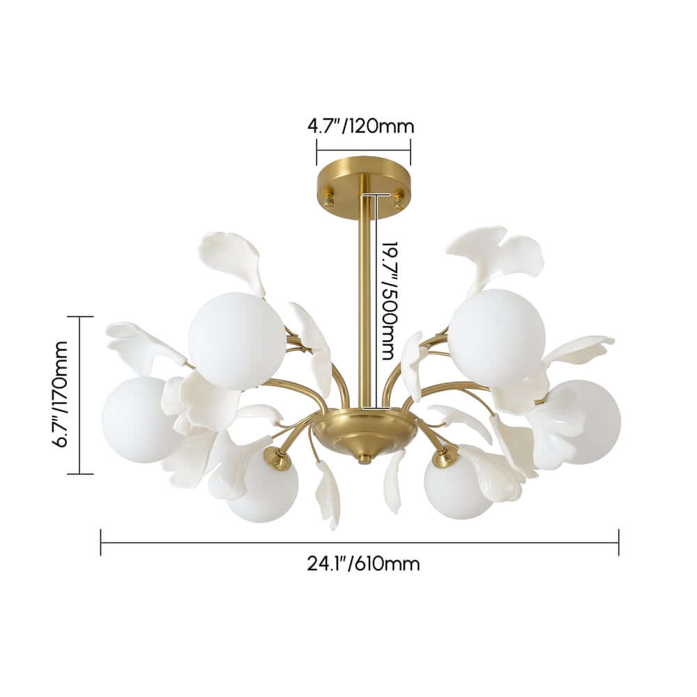 Gold 6-Light Nordic Modern Art Semi-Flush Mount Lighting Fixture Dimensions