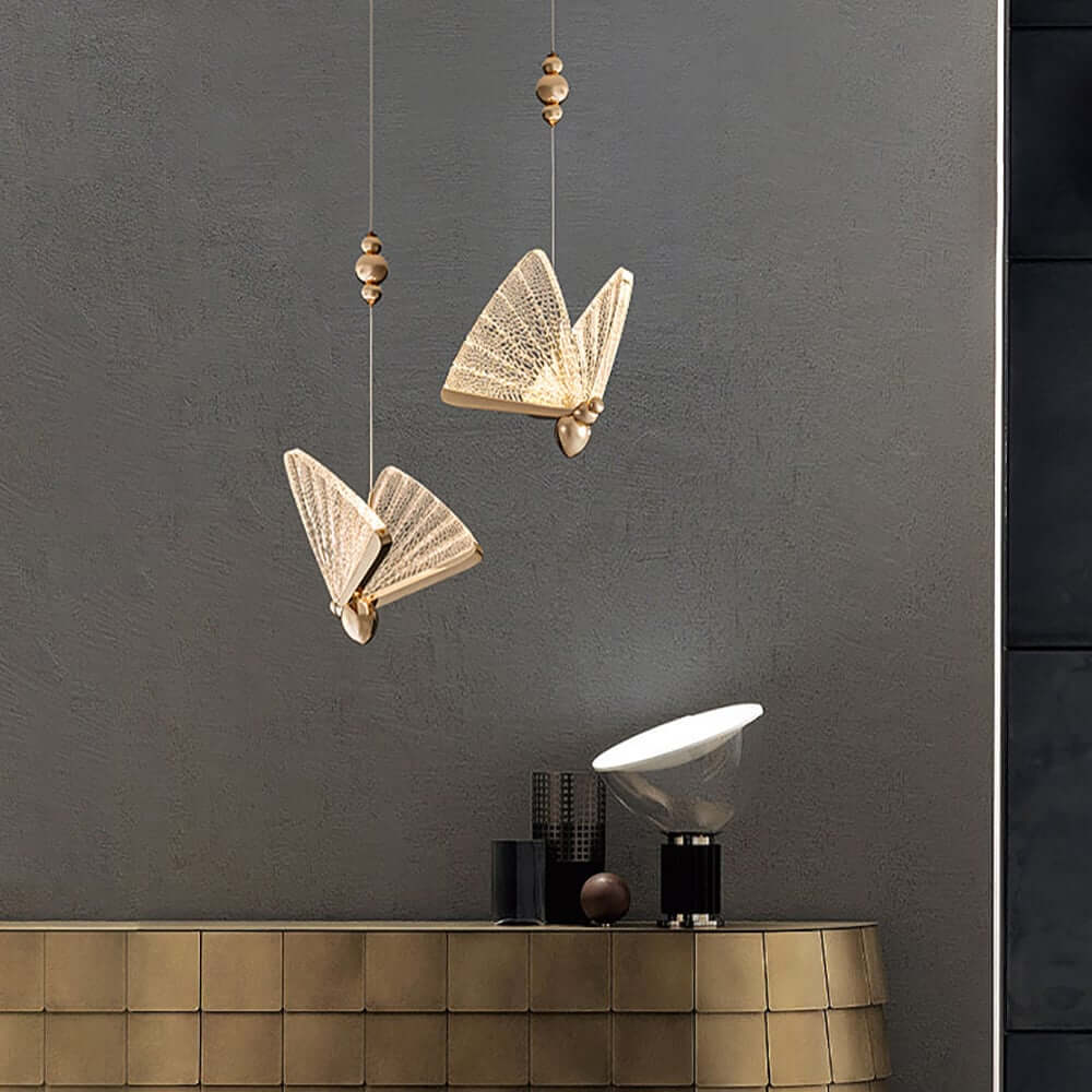 Gold Modern PMMA Butterfly Pendant Light - Adjustable Height Ceiling Fixture
