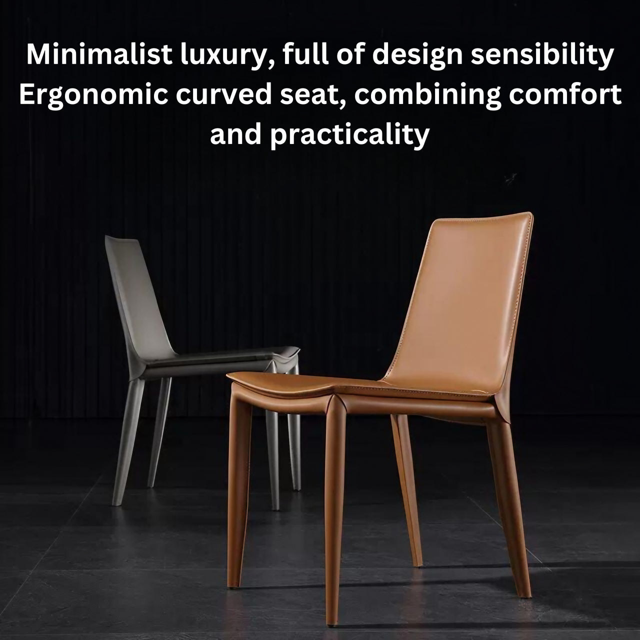 Sophisticated single leather dining chair with a minimalist carbon steel frame