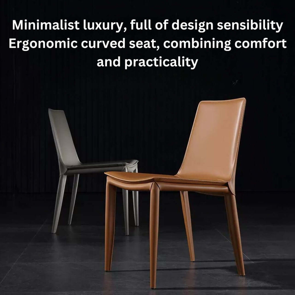 Single dining chair with gray saddle leather seat and carbon steel frame, minimalist luxury design