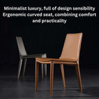 Single dining chair with gray saddle leather seat and carbon steel frame, minimalist luxury design