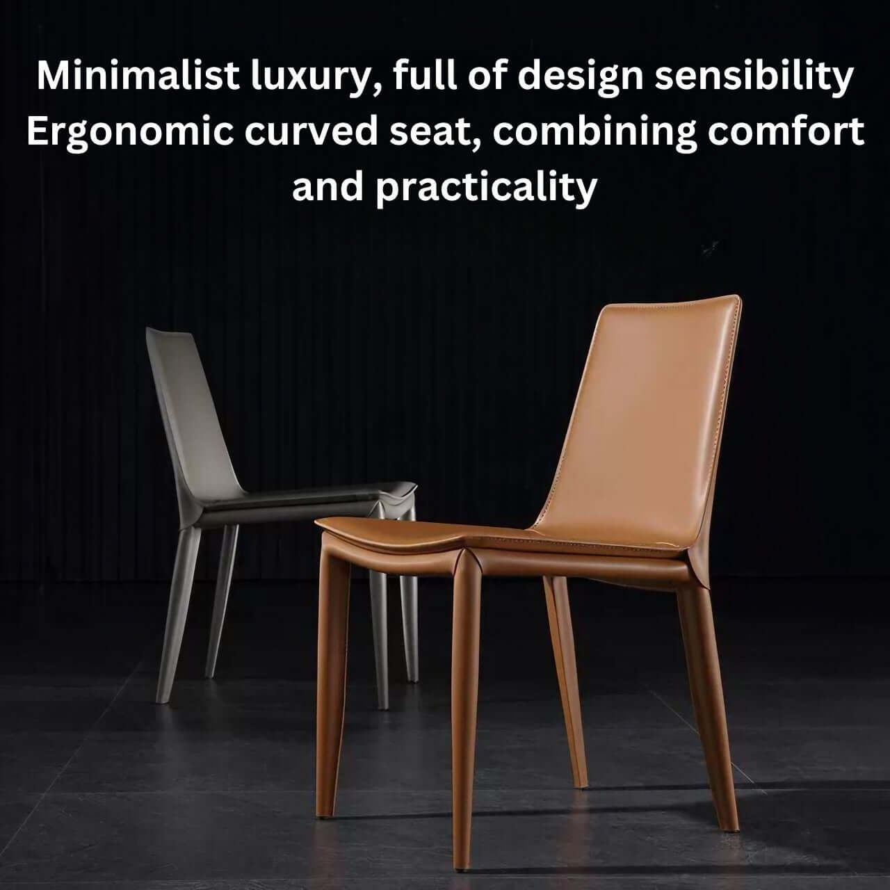 Single dining chair with gray saddle leather seat and carbon steel frame, minimalist luxury design