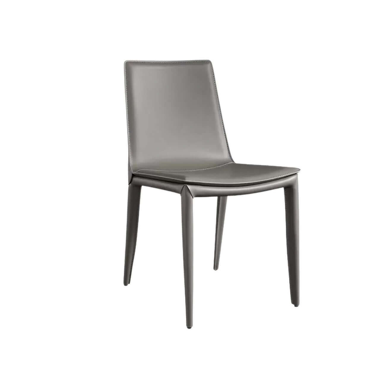 Single dining chair with gray saddle leather seat and carbon steel frame, minimalist luxury design