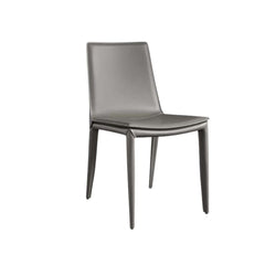 Elegant single dining chair in gray saddle leather and sturdy carbon steel