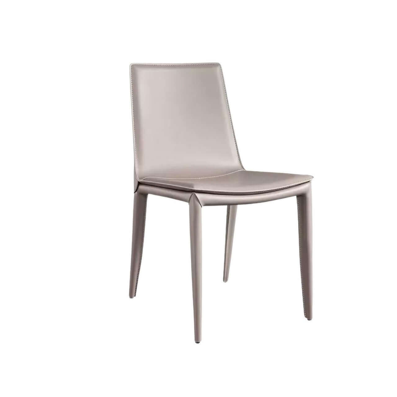 Single dining chair with gray saddle leather seat and carbon steel frame, minimalist luxury design