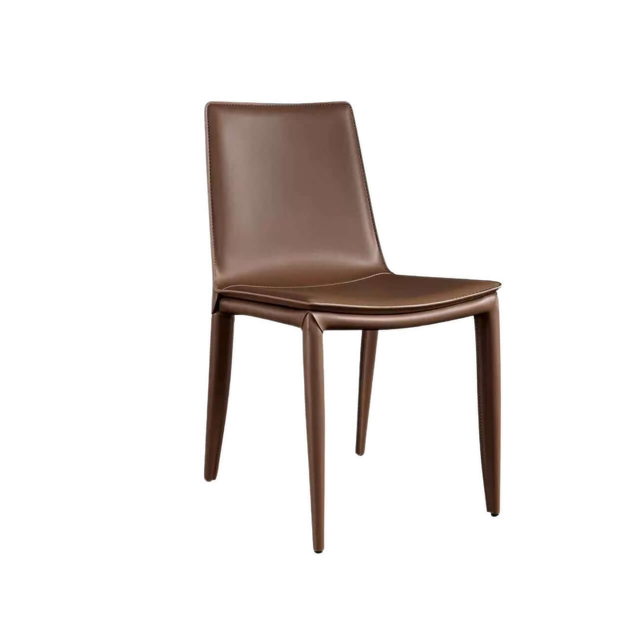 Single dining chair with gray saddle leather seat and carbon steel frame, minimalist luxury design