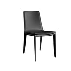 Single dining chair with gray saddle leather seat and carbon steel frame, minimalist luxury design