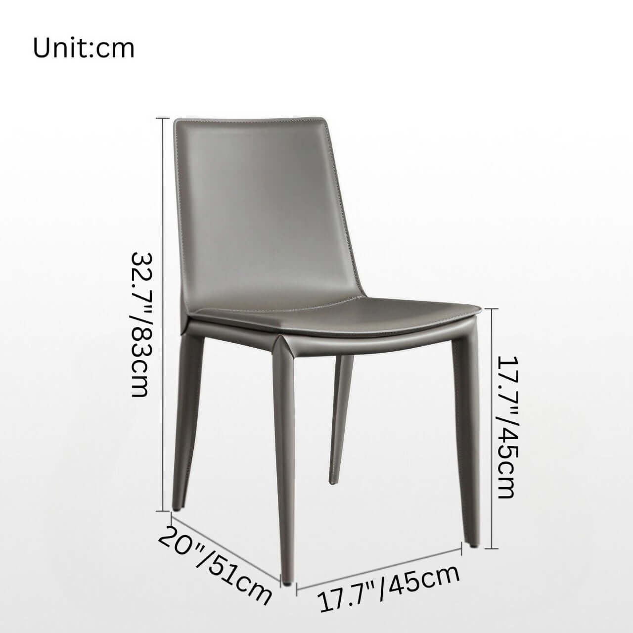 Single dining chair with gray saddle leather seat and carbon steel frame, minimalist luxury design dimensions