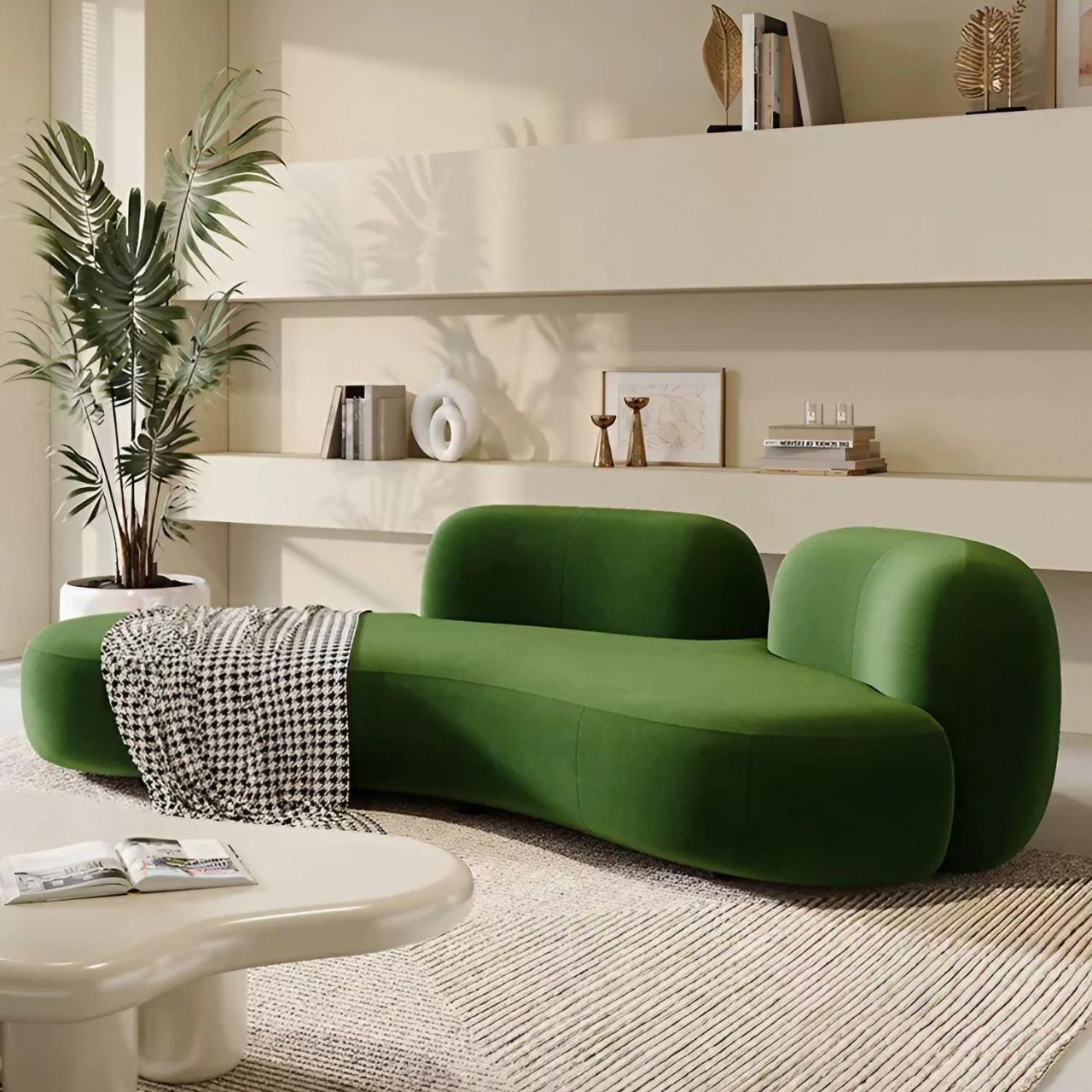Elegant green matte velvet curved multi-seater lounge couch in a creative design